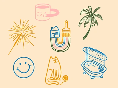 Some spot illos ✨😎🌴🛀🌞☕️✨ cat coffee design doodle home illo illustration painting palm tree sketch smile sparkler tub