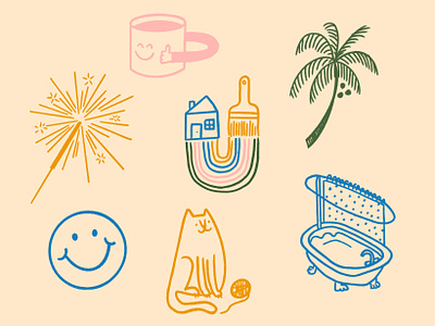 Some spot illos ✨😎🌴🛀🌞☕️✨ cat coffee design doodle home illo illustration painting palm tree sketch smile sparkler tub