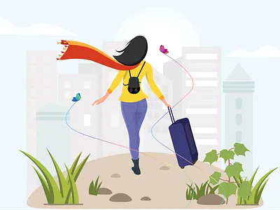 A girl and the City backpack city city guide digitalart flat design girl illustrator landscape moving moving out travel ui vacation vector
