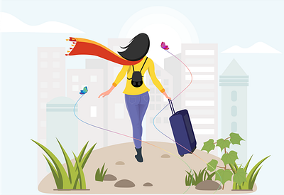 A girl and the City backpack city city guide digitalart flat design girl illustrator landscape moving moving out travel ui vacation vector