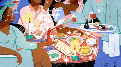 Restaurants character culture digital editorial folioart food illustration olivia waller texture