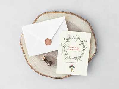 Season's greetings wreath card card design christmas greeting card hand drawn holiday card holly house keys leaves nature vintage winter wood texture wreath