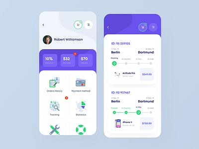 Online Shops Mobile Aggregator III app dashboard delivery delivery app delivery status ecommerce ecommerce app ios mobile online shop order tracking profile profile card profile design profile page tracking app ui white