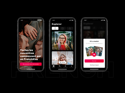 Frenchkiss App #2 android app application branding card dark dark mode dating dating app identity ios list love swipe tinder ui ux