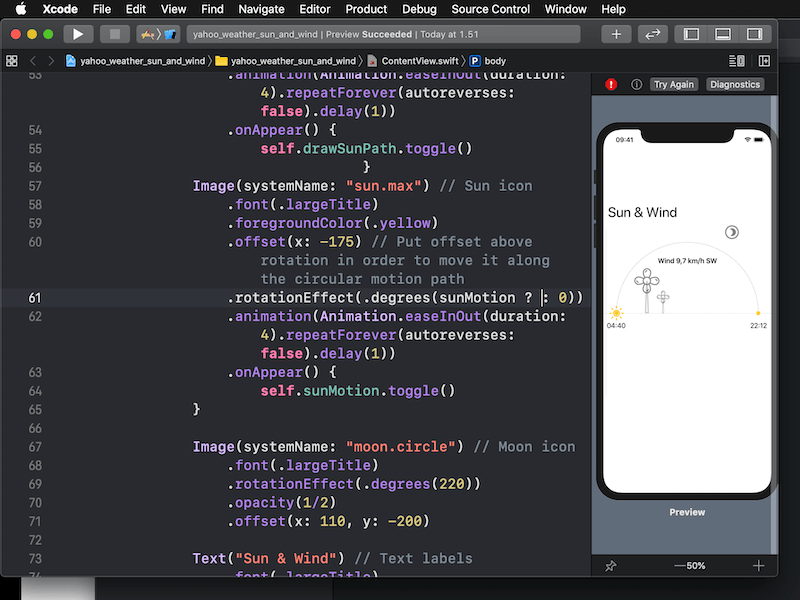 SwiftUI Animation: Yahoo Weather Sun & Wind animation app animations core animation ios animations motion swiftui swiftui animation ui animation
