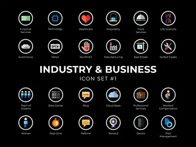 Dribbble Industry business icon set #1 automotive branding business data design enterprise financial services food services healthcare hospitality icon set iconography icons life sciences manufacturing nonprofit real estate retail technology vector