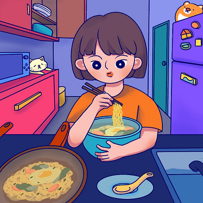 Eating instant noodles eat girl illustration painting