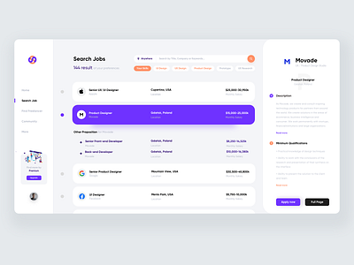 Job Search clean dashboad design find job freelancer interface job job application job listing job portal job search light minimalism movade platform product design ui ux web work