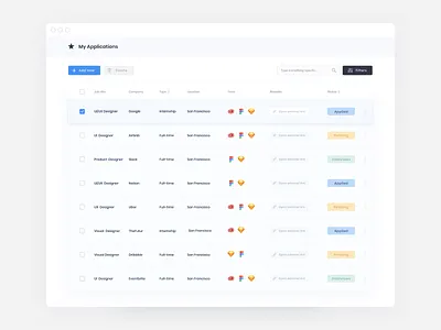 Job Applications app app design application application icon application ui browser button checkbox checklist desktop figma job application joblisting link list search select status tools userinterface