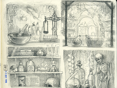 fantasy pharmacy alchemy concept art conceptart environmental design fantasy game art illustration interrior pencil drawing pencil sketch potion sketch