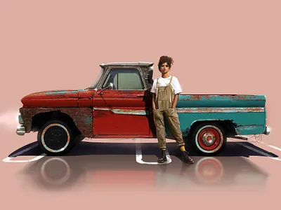 Christin titled Chris.J with 1965 Chevrolet Pickup 2d 70s concept art cover art design digital painting fashion illustration gas station illustration old school