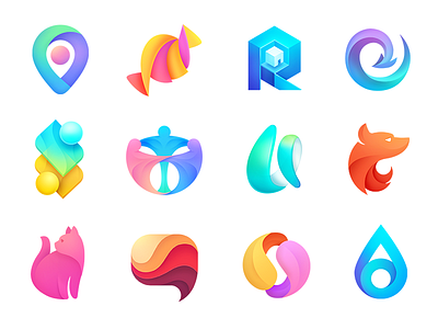 Logo collection arrow branding candy cat color design drop fox geometry gradient helix icon lettering location logotype mark ogo petal speech water