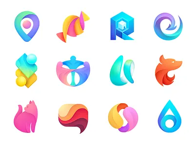 Logo collection arrow branding candy cat color design drop fox geometry gradient helix icon lettering location logotype mark ogo petal speech water
