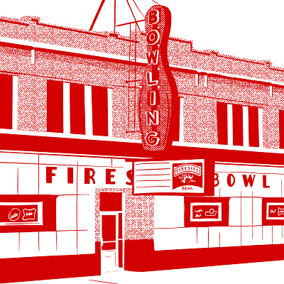 Fireside bowling crosshatch illustration