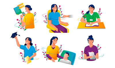 Steps to becoming a nurse branding character color colorful contemporary cute design doctor flowers health healthcare illustration nurse patient pretty series steps study vector woman