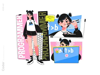 Girl programmer at work illustration character flat girl illustration kit8 programmer vector work young