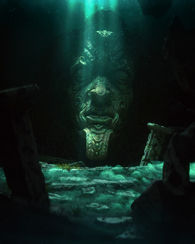 Hope - CGI Underwater Scene 3d 3d art 3d illustration cinematic dark fantasy fish hero illustration magical mystery mystical mythological mythology ocean poseidon statue underwater water waves