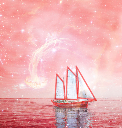 CoverArt_ Digital Collage _ Life Beyond the Sea cover art cover artwork cover design covers illustration label design neon colors neon red ocean postcard poster a day poster art poster design sailboat sailing sea surreal surrealism viking