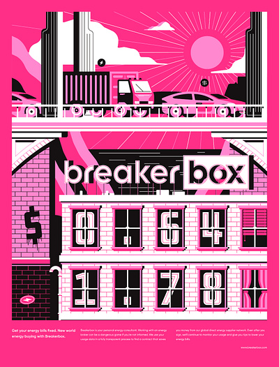 Breakerbox energy infrastructure poster 3 color brand brand design bridge building car city culture electricity energy illustration large format market pink poster screenprint vector vector illustration