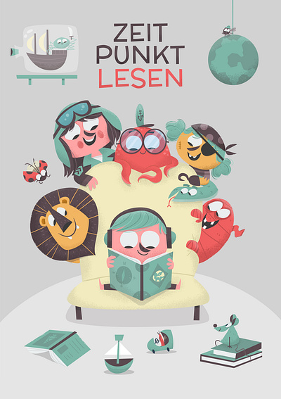 Reading Initiative Illustration "Zeit Punkt Lesen" adobeillustrator book cartoon character characterdesign children headphones illustration illustrator kids kids illustration lion literacy mummy photoshop pilot pirate reading snake vector