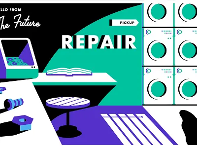 Postcards from the Future Series 3 aging circular economy desalination design fungus future gun generations gun hardware illustration modular mycelium postcard postcards repair repair shop retro super soaker technology vector