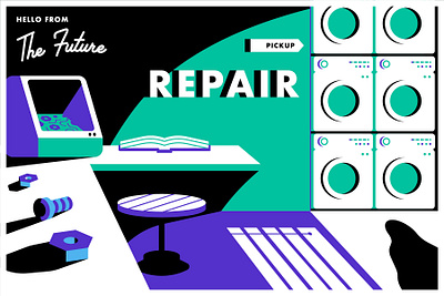 Postcards from the Future Series 3 aging circular economy desalination design fungus future gun generations gun hardware illustration modular mycelium postcard postcards repair repair shop retro super soaker technology vector