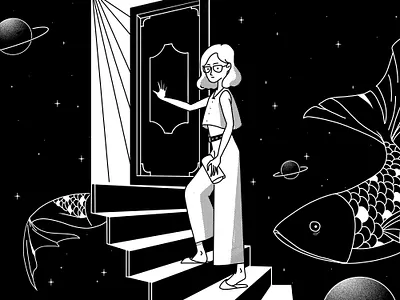 imagine and reality black white fish fishes illustration people people illustration starry sky