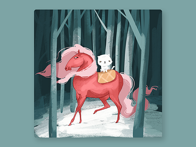 Cat and Pinky adventure cat dark forest friends horse illustration illustration book kidlitart kitten night pink pink hair red rider scene snow tale trees white