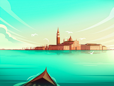 To Venice together boat city cloud illustration sea seagulls ship shoes sunny tourism waves