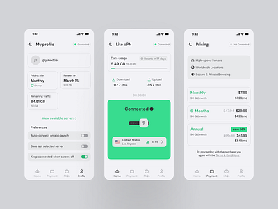 Lite VPN: Mobile App app connection lite vpn mobile pricing profile menu ui ux vpn