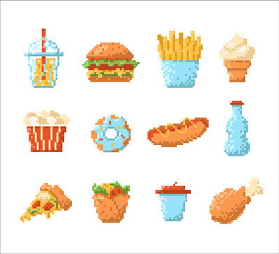 pixel fast food 2d 8 bit fast food flat design food hamburger hot dog ice cream icon menu pixel pixel art pixelated pizza retro sign symbol vector art vector illustration