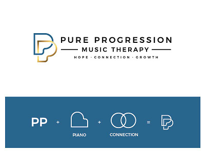 Pure Progression brand branding connection family gold letter logo mark music piano simple theraphy