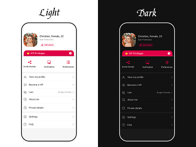 Light and dark chat dark dark theme dark ui dating datingapp design ios13 light light ui profile profile design theme ui ui kit ux vip