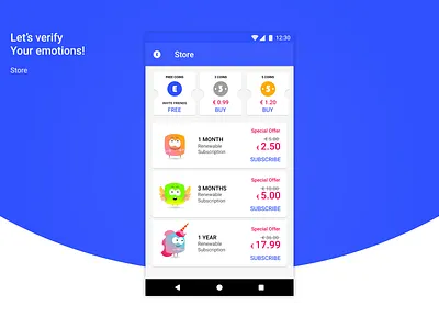 Store android app characters coin emotions material design mobile app store ui unicorn ux