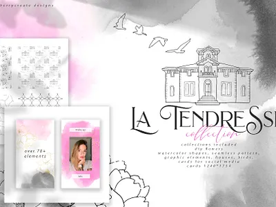 La tendresse collection branding compositions design flower clipart houses illustration seamless pattern watercolor art watercolour