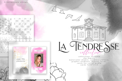 La tendresse collection branding compositions design flower clipart houses illustration seamless pattern watercolor art watercolour