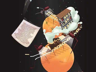 Train carries your dreams cloud dreams house illustration night sky space train