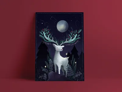 Merry Christmas my deer! animal card christmas constellation deer evening fantasy forest hike one illustration leaves light moon nature night nordic plants postcard stars white