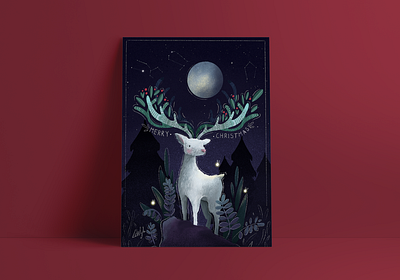 Merry Christmas my deer! animal card christmas constellation deer evening fantasy forest hike one illustration leaves light moon nature night nordic plants postcard stars white