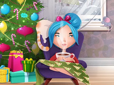 X-mas card design chair character design christmas card christmas tree gift box girl character illustration illustrator new years vector vector art xmas card