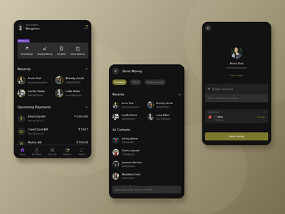 Payment App appdesign black dark theme design finance fintech flat minimal money payments ui upi ux