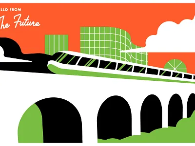 Postcards from the Future Series 4 award bridge energy fusion fusion energy future future of work illustration lightrail midcentury midcenturymodern postcard postcards railway retro tokamak train trophy work yard