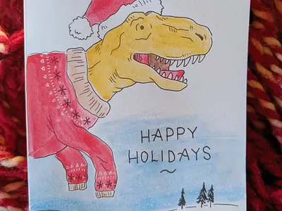 T-Rex sweater card art card christmas dinosaur drawing greetingcard hand drawn holiday ink painting pen sweater watercolor