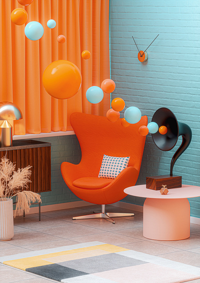 Chillout 3d abstract adobe architecture blue bubbles chair cinema 4d color colourful gold gramophone indoor metal music nature orange render vintage wood