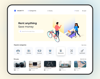 Renty - rental service ecommerce illustraion landing page rent rental service site web