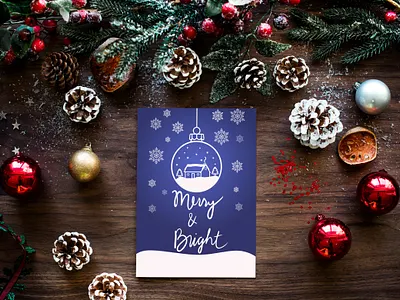 Merry and bright Christmas card blue christmas greeting card hand drawn hand lettering holiday card illustration ornament print design script snow snowflake