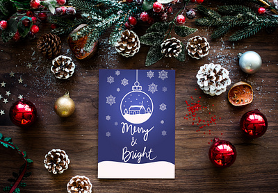 Merry and bright Christmas card blue christmas greeting card hand drawn hand lettering holiday card illustration ornament print design script snow snowflake