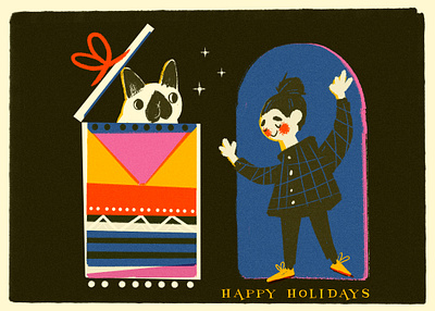 celebration holiday card card christmas fashion frenchie gift holiday illustraion midcentury present