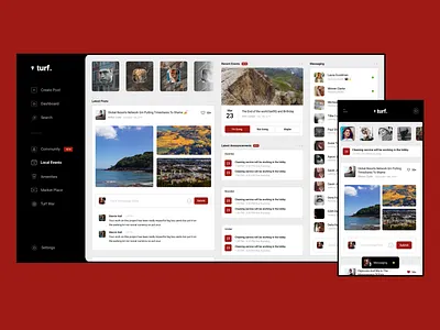 Fictional Community Hub, turf. app black dark desktop app flat interface mobile ui product red social network ui ux web design white