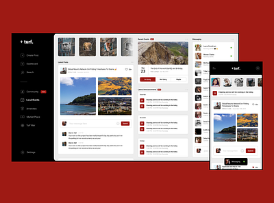 Fictional Community Hub, turf. app black dark desktop app flat interface mobile ui product red social network ui ux web design white
